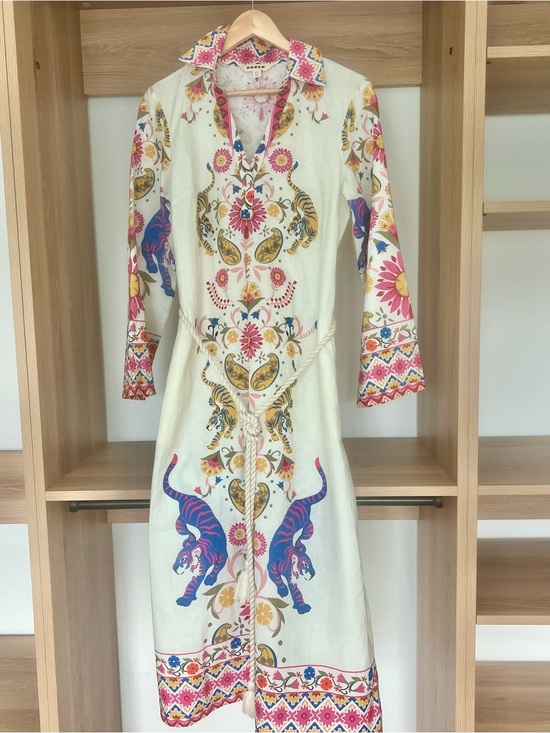 Boden Dresses & Skirts - Boden Cream Midi Dress with Pink, Blue and Gold Tiger Print